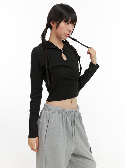 buttoned-hoodie-crop-top-cg419 / Black