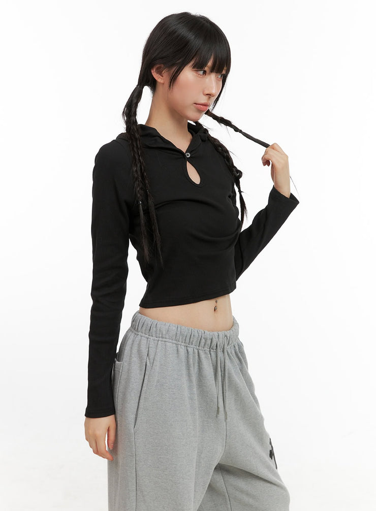 buttoned-hoodie-crop-top-cg419 / Black