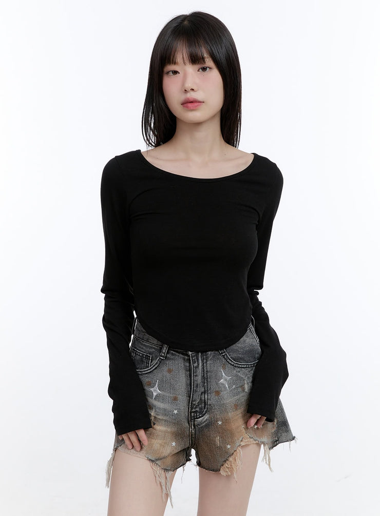 boat-neck-solid-long-sleeve-crop-top-cg413 / Black