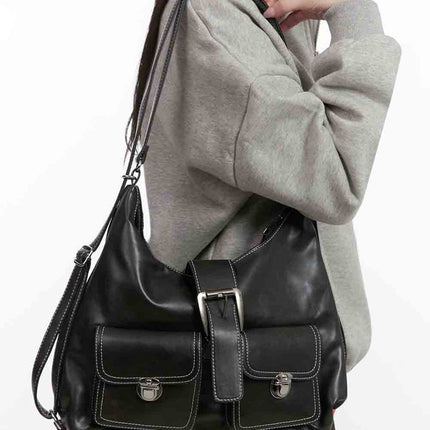 trendy-double-pocket-shoulder-bag-ij503 / Black