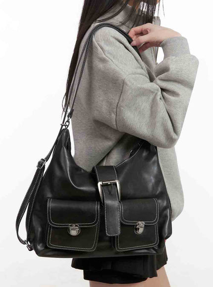 trendy-double-pocket-shoulder-bag-ij503 / Black