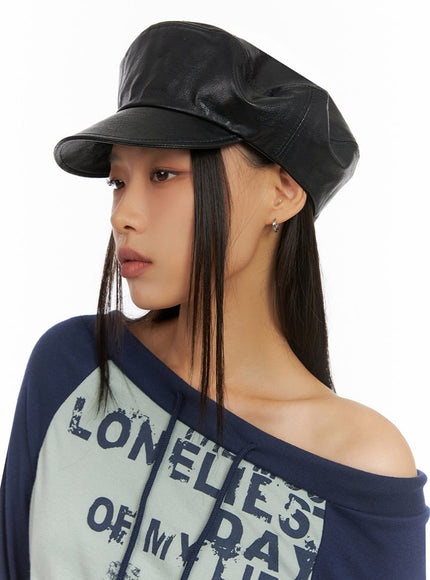 leather-beret-hat-is427 / Black