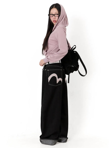 Kacey Plaid Stitched Back Pocket Baggy Jeans IM513 - Acubi style Kacey Plaid Stitched Back Pocket Baggy Jeans IM513 - Acubi style