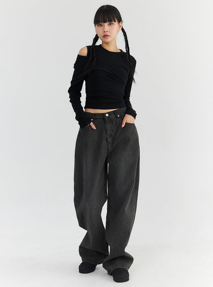 stripe-cotton-wide-leg-pants-co330 / Black