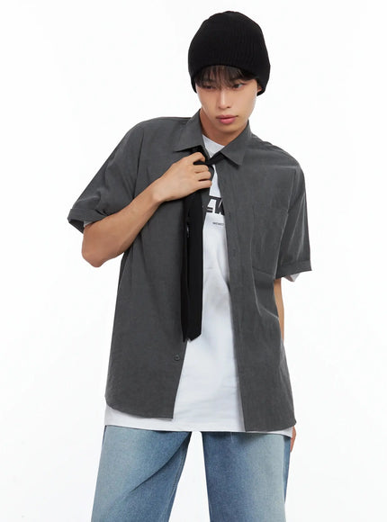 mens-collared-short-sleeve-button-up-top-il516 / Black