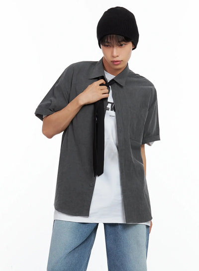 mens-collared-short-sleeve-button-up-top-il516 / Black
