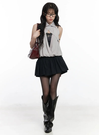 chic-pleated-mini-skort-with-elastic-waistband-cj526 / Black