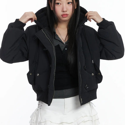 button-faux-fur-crop-puffer-jacket-cd529 / Black