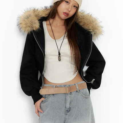 faux-fur-cropped-zip-up-hoodie-in528 / Black