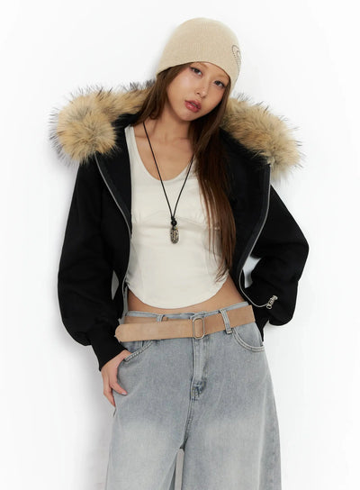 faux-fur-cropped-zip-up-hoodie-in528 / Black