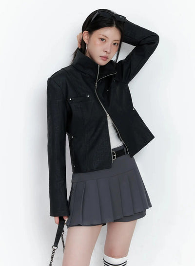 high-neck-zip-up-faux-leather-jacket-is508 / Black