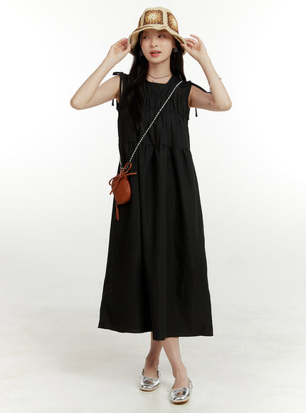 ribboned-shirred-maxi-dress-ou419 / Black