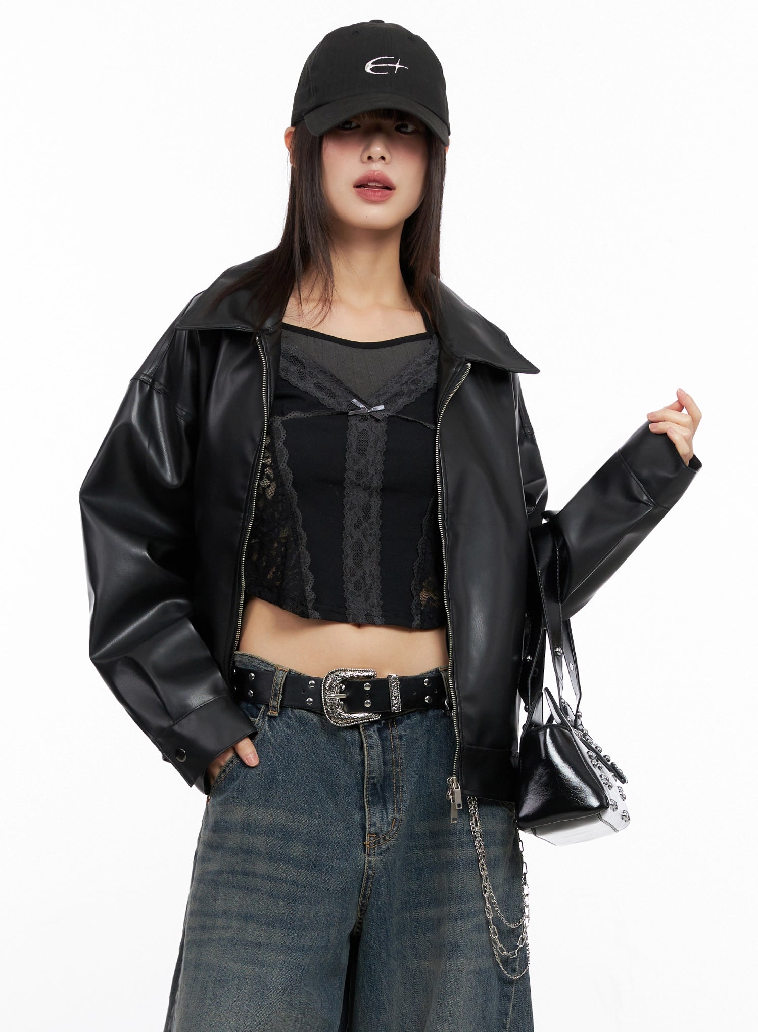 basic-cropped-faux-leather-jacket-in507 / Black