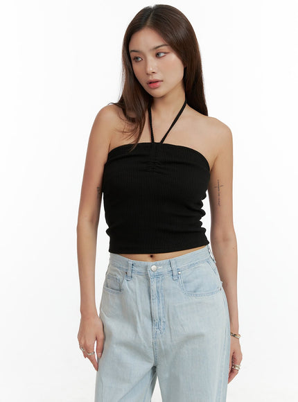 shirred-halter-neck-crop-tube-top-cl404 / Black