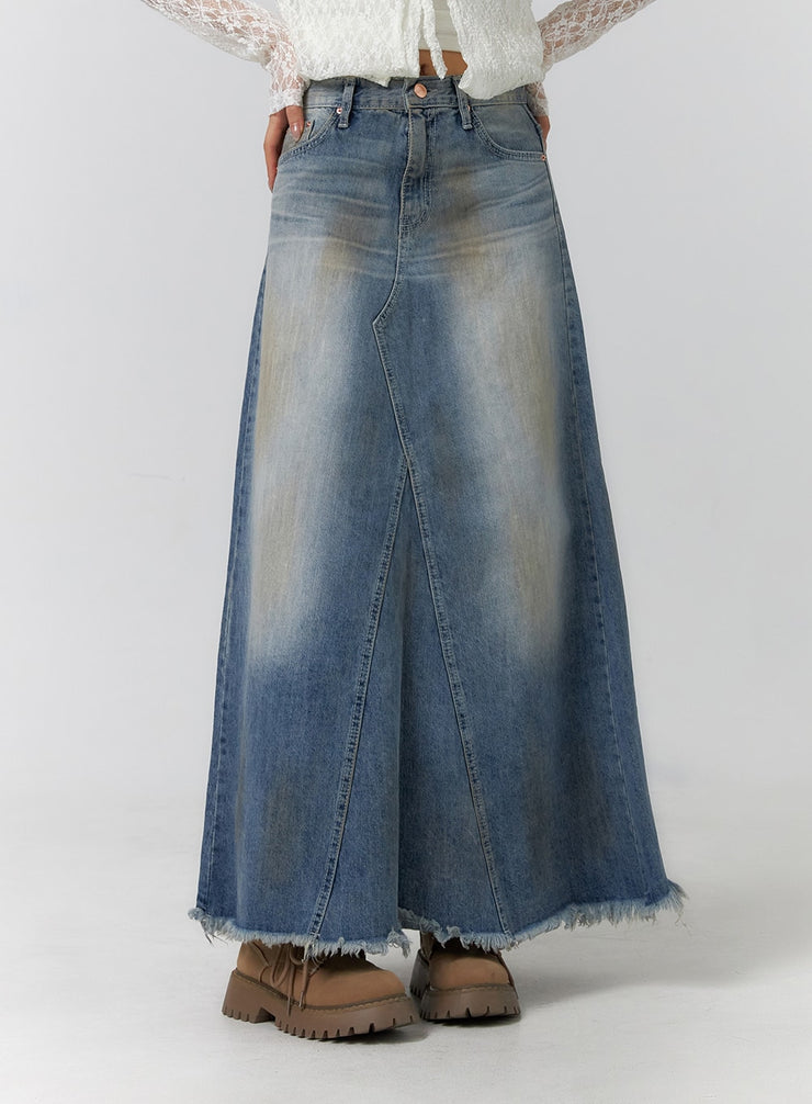 vintage-washed-raw-hem-maxi-skirt-cf405 / Blue