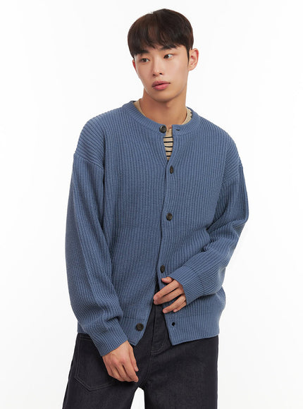 mens-ribbed-buttoned-round-neck-cardigan-if517 / Blue