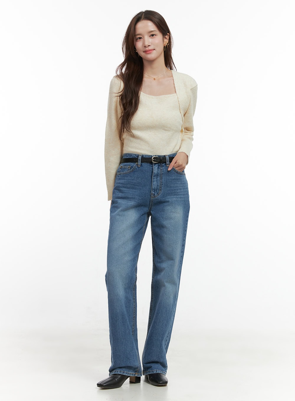 LEWKIN Evelyn Wide-Fit Straight Denim Jeans OO421 in Blue, full-length front on model, high-waist washed cotton denim, wide straight leg, styled with cream knit and black belt.