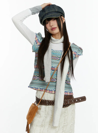 fair-isle-puff-short-sleeve-top-cf509 / Blue