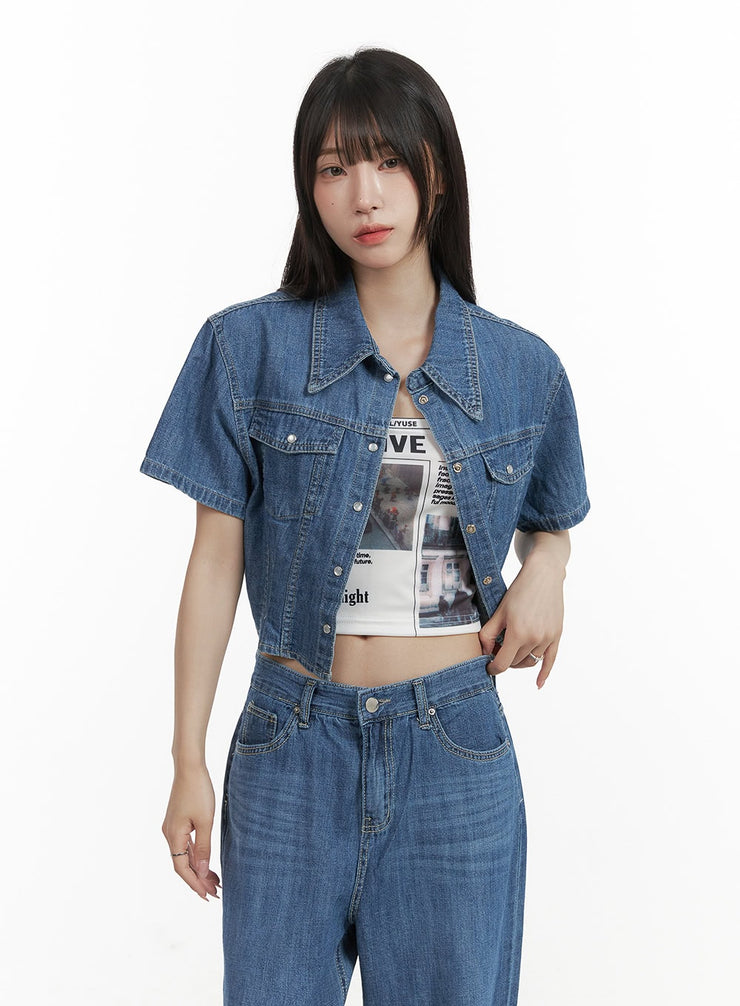 pocketed-washed-denim-crop-shirt-cy407 / Blue