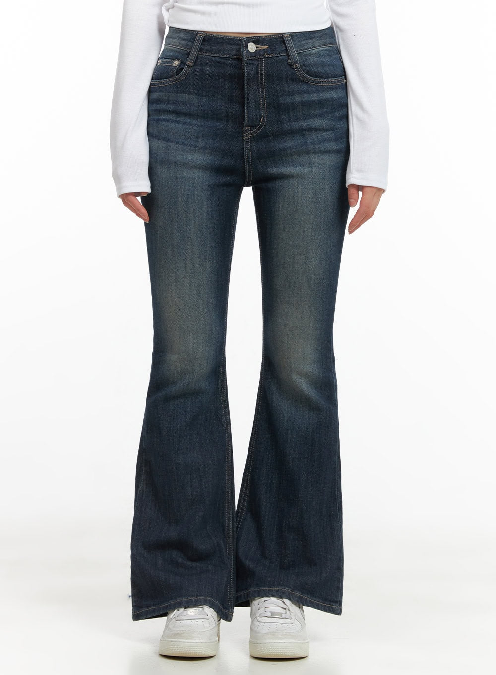 LEWKIN Remy Washed Bootcut Jeans CG420 in blue, front waist-to-hem close-up on model, slim fit washed denim with bootcut flare, five-pocket design, paired with white long sleeve top and sneakers.