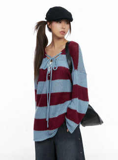 striped-lace-up-long-sleeve-knit-top-cs505 / Blue
