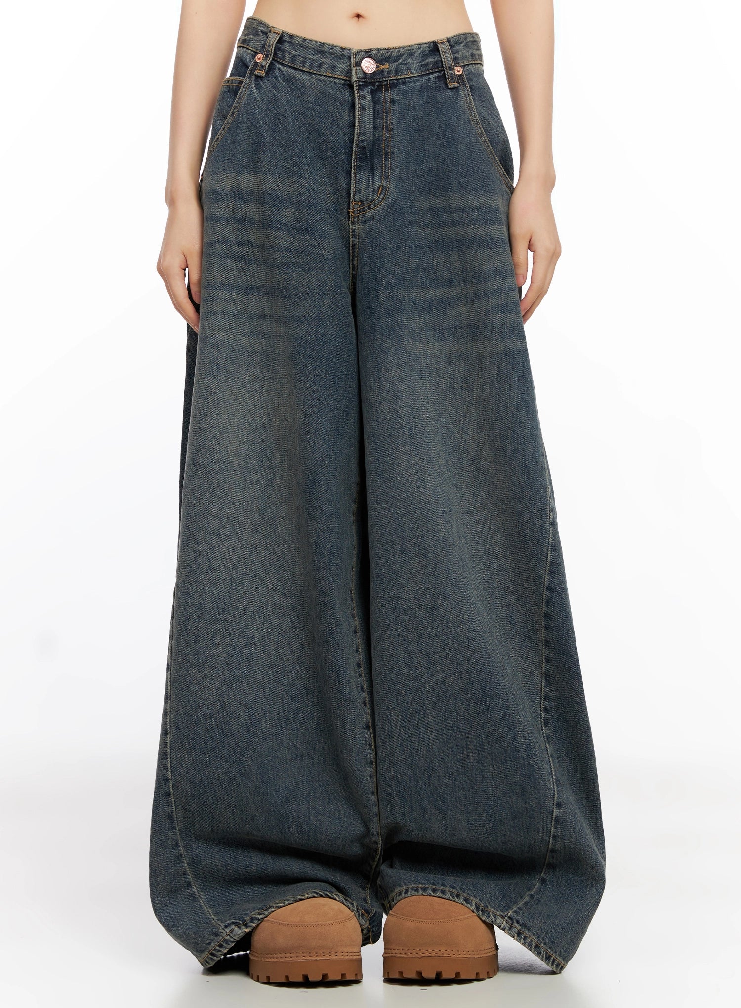 LEWKIN Skyler Washed Balloon Fit Jeans IN503 in blue, front product shot on model, ultra-wide balloon silhouette, washed cotton denim, mid-rise waistband with front pockets, floor-grazing length.