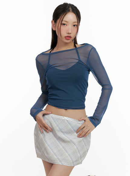 sheer-boat-neck-long-sleeve-crop-top-cl431 / Blue