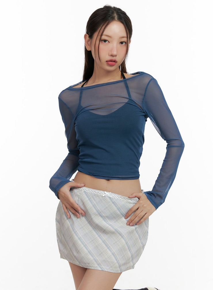 sheer-boat-neck-long-sleeve-crop-top-cl431 / Blue