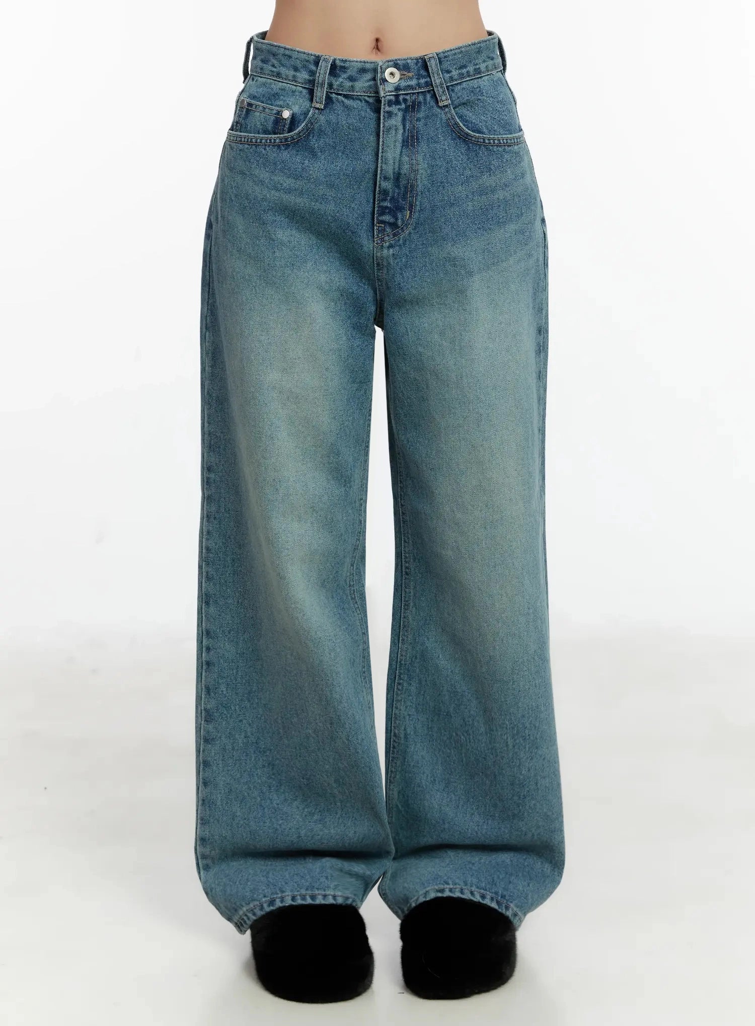 LEWKIN Pixi Straight Leg Jeans ID525 in blue, front product shot on model (waist-to-hem), washed cotton straight fit with visible front pockets and stitch detail, paired with black fluffy slides.