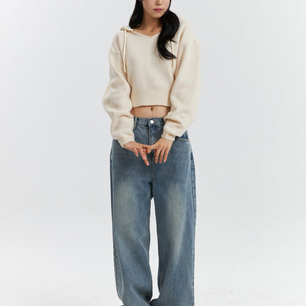 mid-waist-washed-button-wide-leg-jeans-od320 / Blue