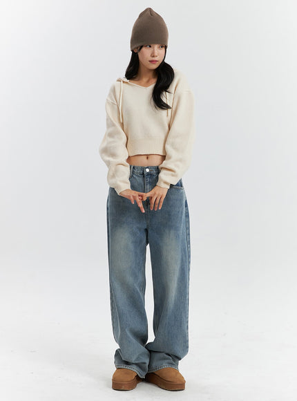 mid-waist-washed-button-wide-leg-jeans-od320 / Blue