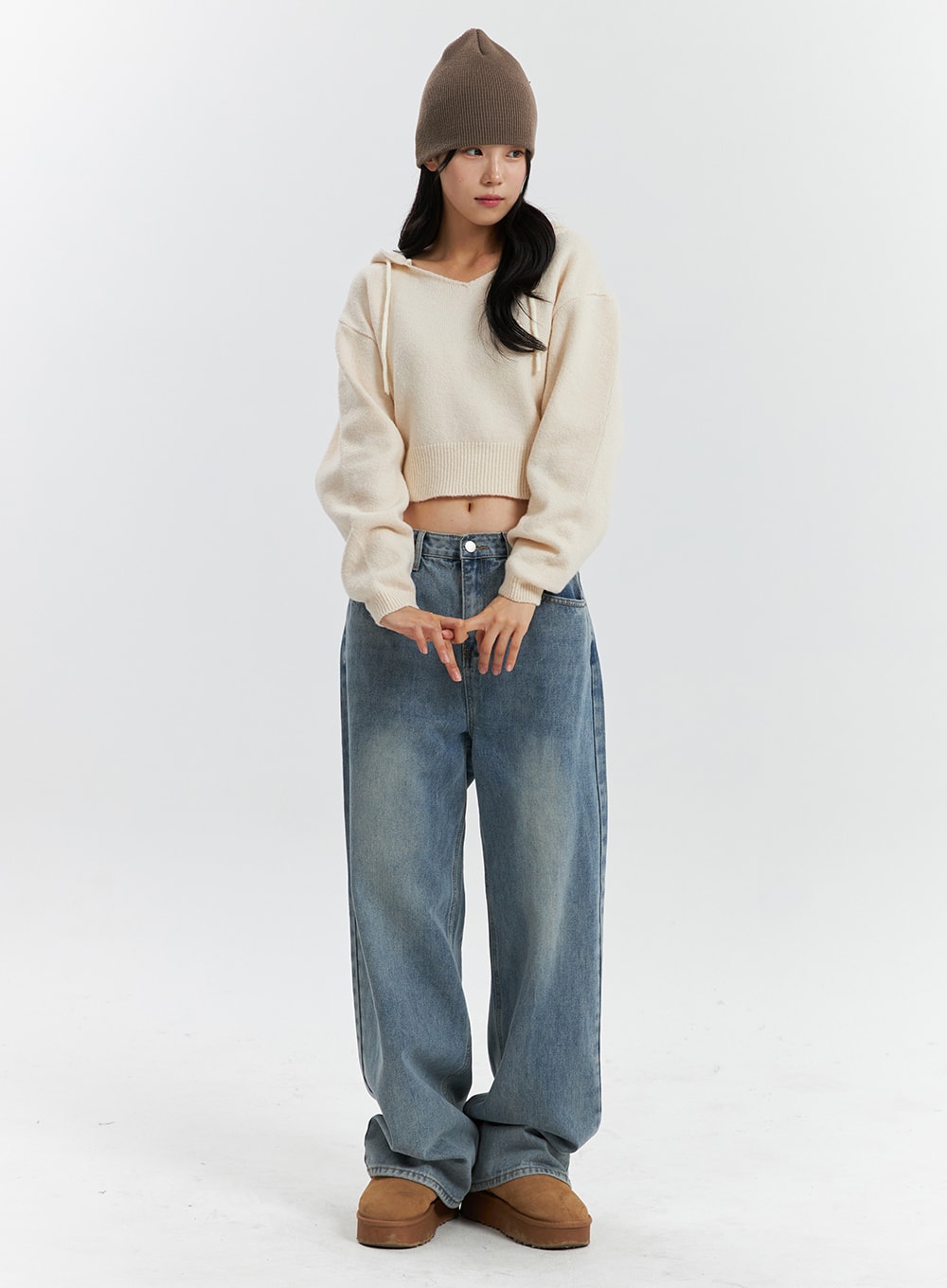LEWKIN Mid Waist Washed Button Wide Leg Jeans OD320 in blue, full-body front on model, wide-leg washed denim with button fly, styled with cream crop hoodie knit and beanie.