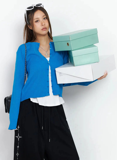 ribbed-knit-round-neck-cardigan-iy515 / Blue