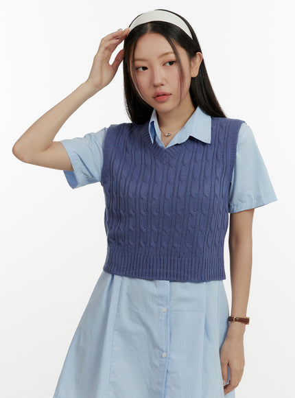 cable-knit-v-neck-vest-oy413 / Blue