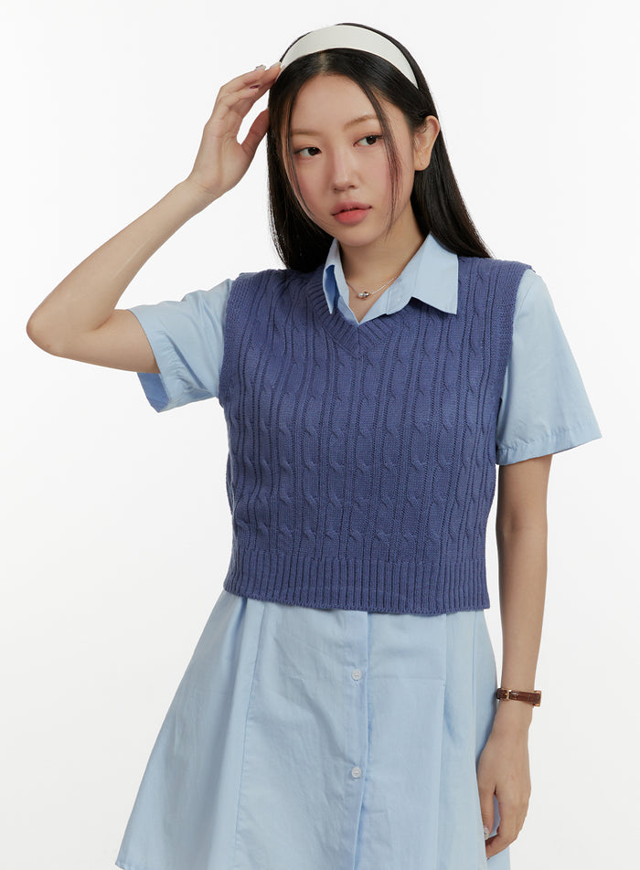 cable-knit-v-neck-vest-oy413 / Blue