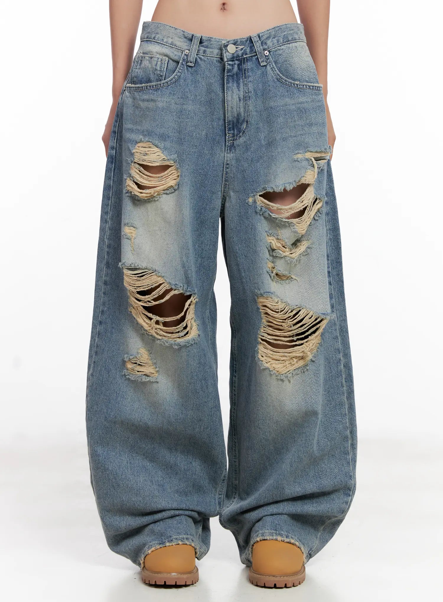 LEWKIN Manon Washed Distressed Wide Jeans CL518 in blue, front product shot on model, heavily destroyed cotton denim with large frayed rip-and-tear holes across thighs, wide-leg long silhouette.