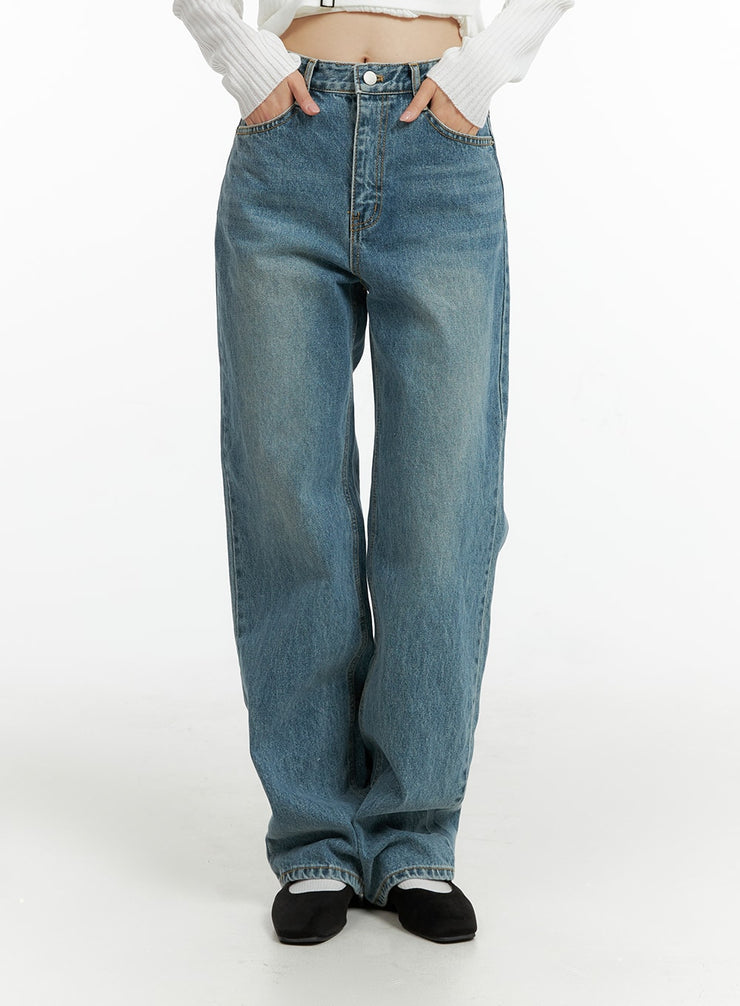 washed-denim-straight-leg-jeans-of414 / Blue