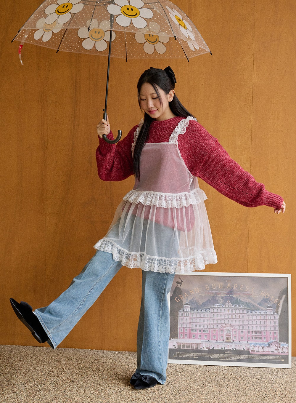 LEWKIN Casual Denim Solid Straight Leg Jeans OD326 in blue, full-body editorial shot on model holding daisy umbrella, wide-leg washed cotton denim paired with red knit and sheer lace top.