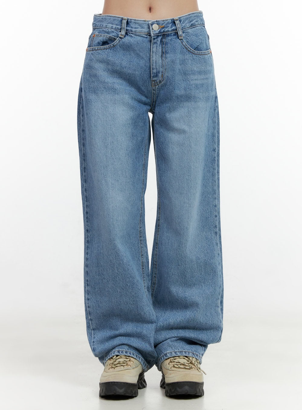 LEWKIN Carly Cloud Wide-Leg Jeans ON404 in blue, front waist-to-hem crop on model, wide-fit washed cotton denim with button fly and five-pocket styling, paired with chunky sneakers.