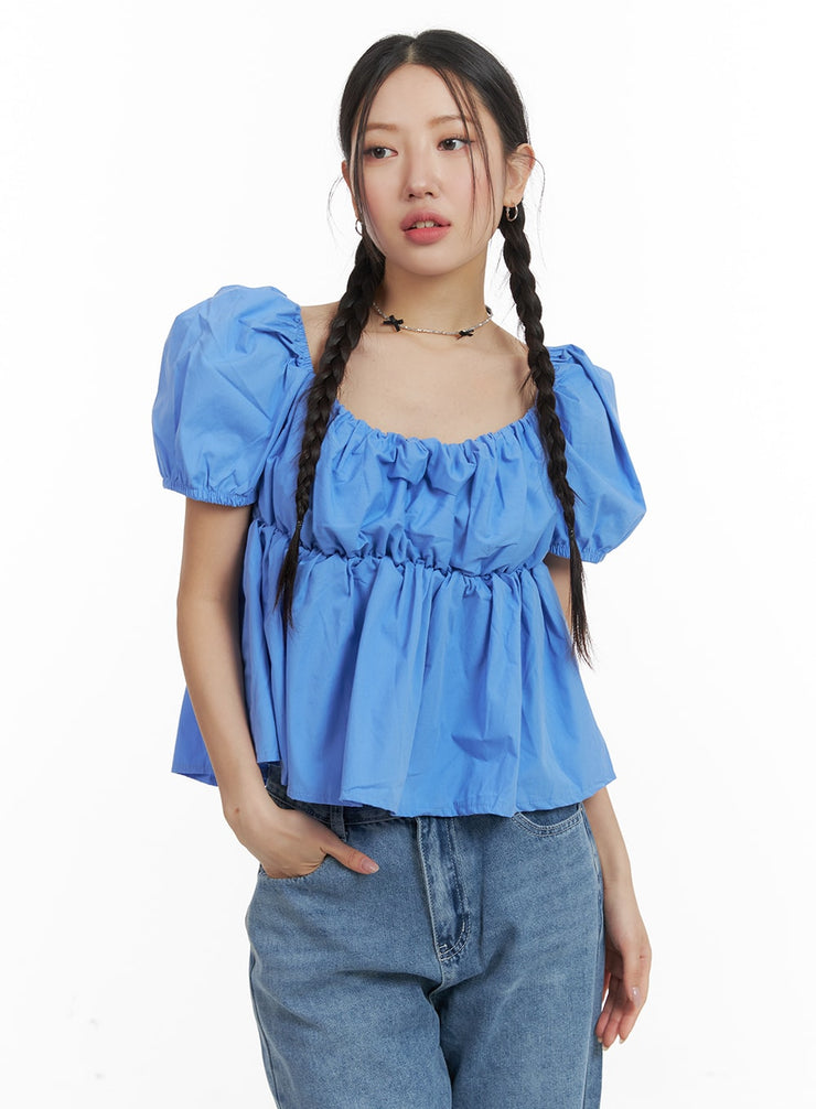 u-neck-puff-sleeve-blouse-om428 / Blue