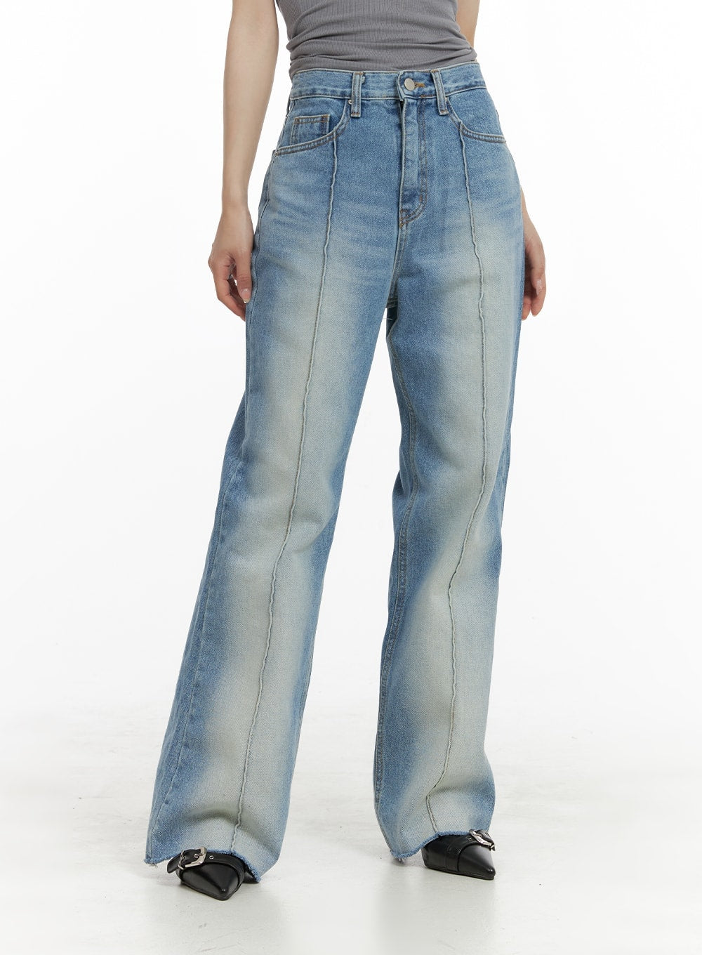LEWKIN Denim Stitching Wide Fit Straight Jeans CA402 in blue, front mid-shot on model, washed cotton denim with vertical stitching lines, high waist, wide straight leg, raw hem, styled with black buckle flats.