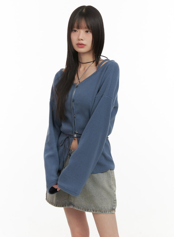 off-shoulder-loose-fit-buttoned-cardigan-cd426 / Blue