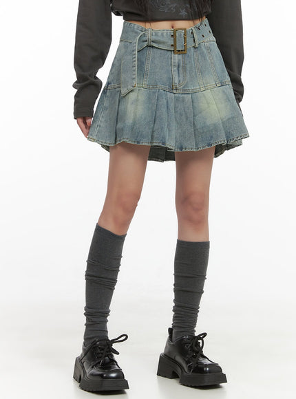 buckle-pleated-denim-mini-skirt-cs403 / Blue