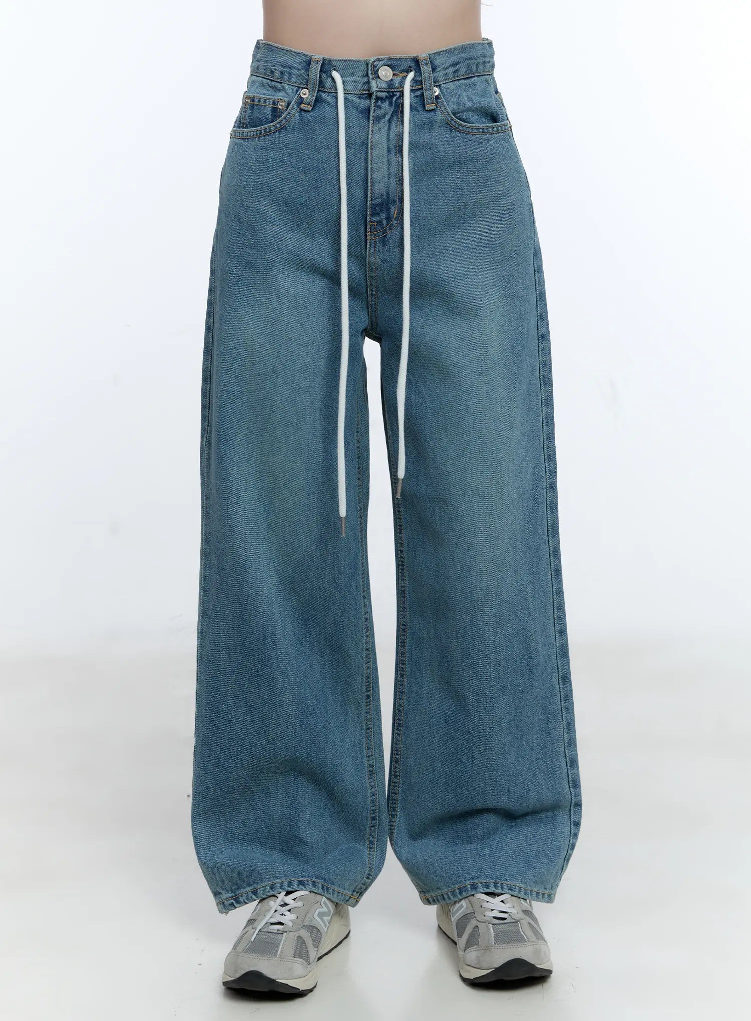 LEWKIN High-Waist Wide-Leg Drawstring Jeans CG513 in blue, front product shot on model, washed cotton wide-leg silhouette with white drawstring, paired with grey sneakers.