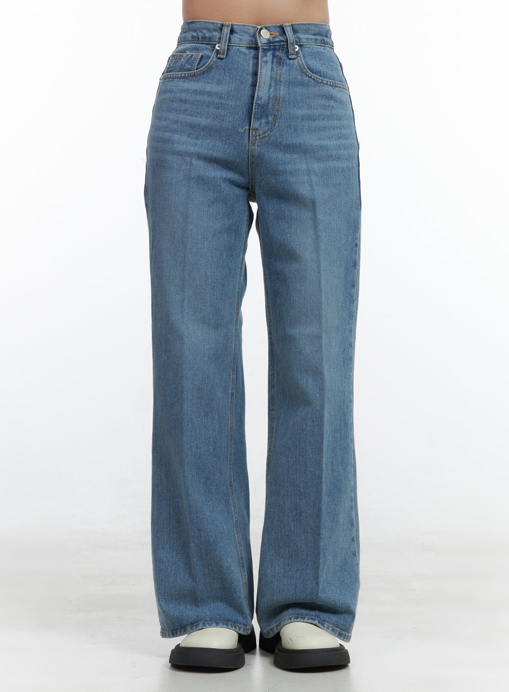 LEWKIN Aubrey Washed Classic Straight-Fit Jeans OO421 in blue, front product shot on model, high-waist washed cotton denim, wide straight leg, gold-tone button closure, five-pocket styling, white sneakers.