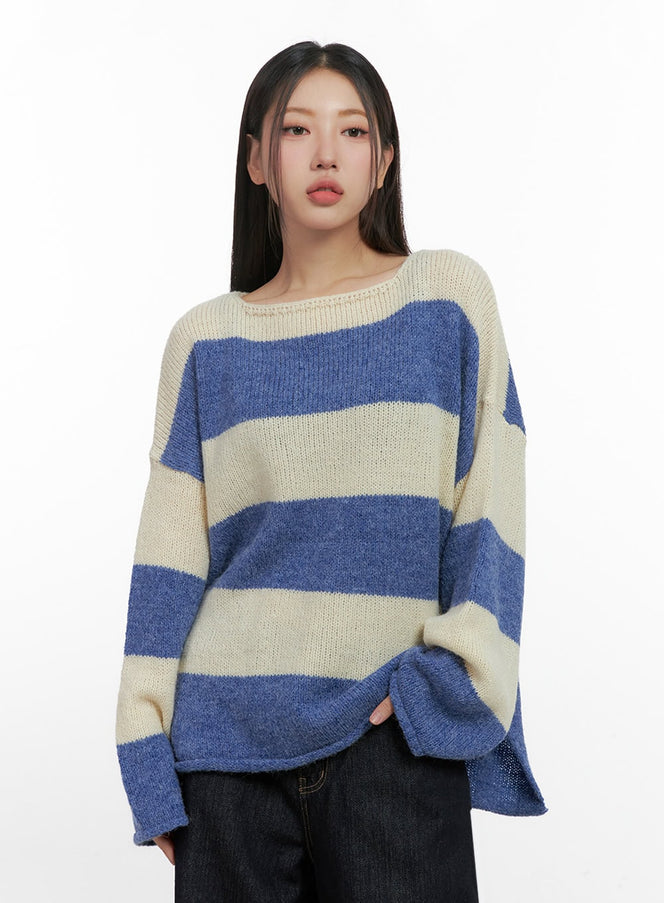 oversize-stripe-wool-sweater-in415 / Blue