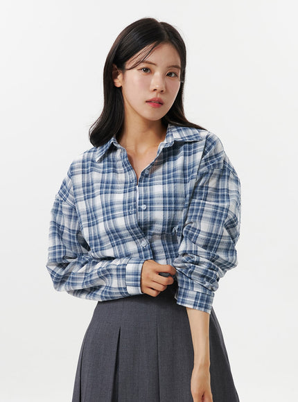 collar-plaid-pocket-long-sleeve-blouse-oo312 / Blue