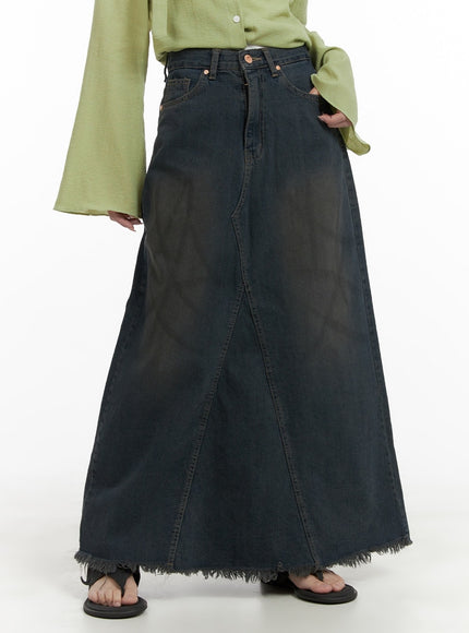 vintage-rough-hem-denim-maxi-skirt-ca403 / Blue