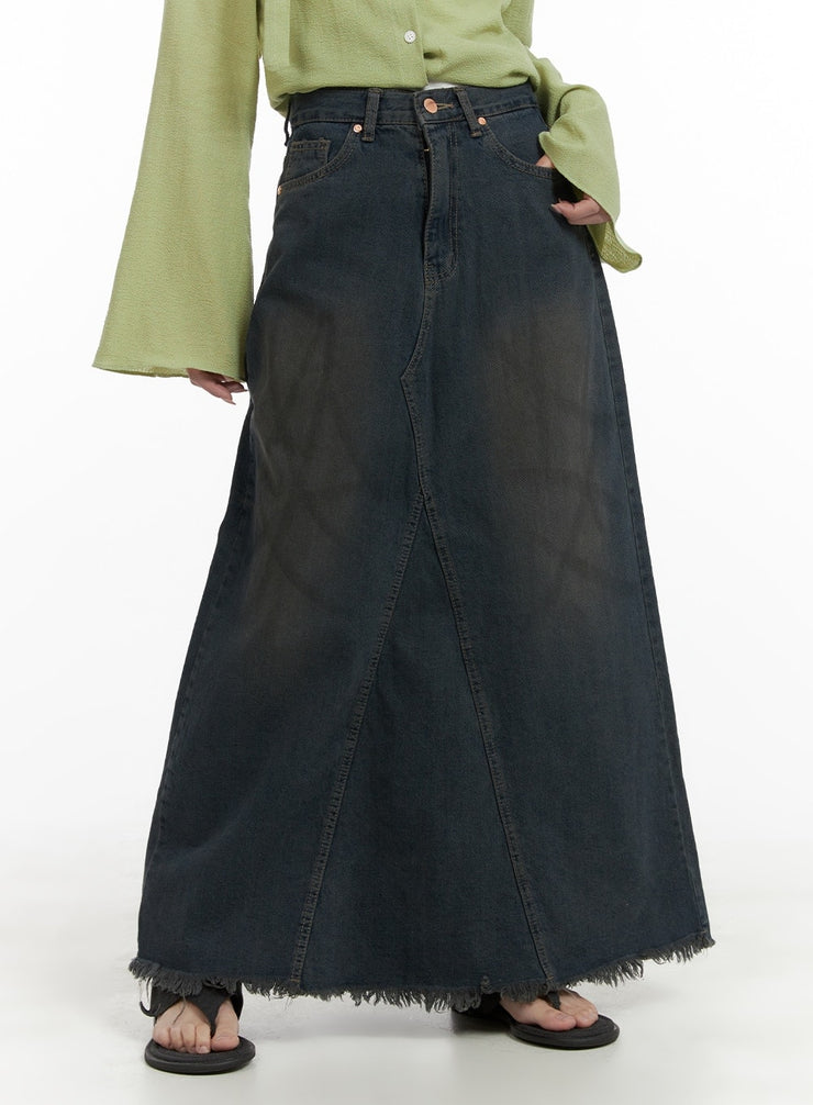 vintage-rough-hem-denim-maxi-skirt-ca403 / Blue