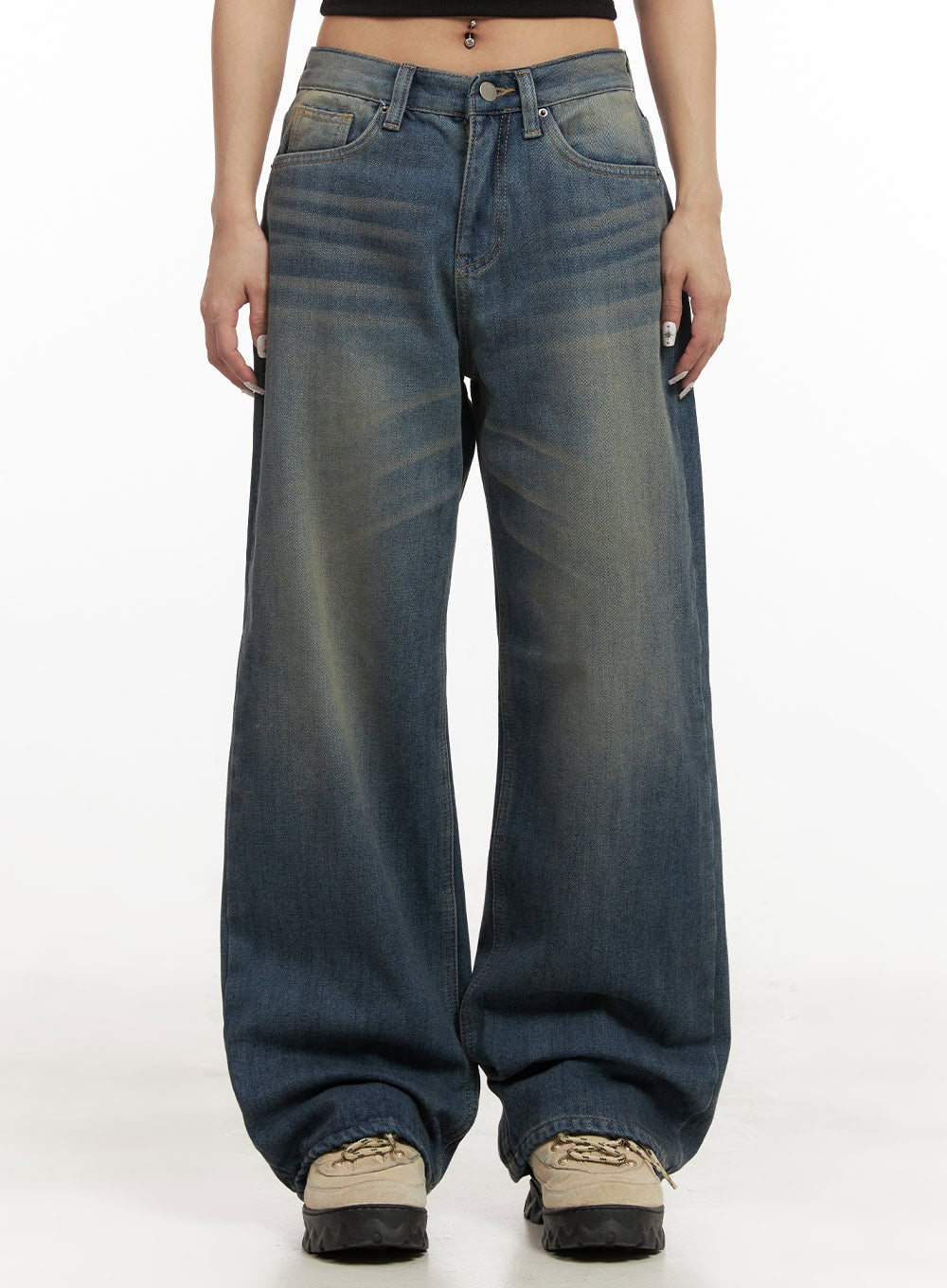 LEWKIN Michelle Washed Wide-Leg Jeans CJ508 in blue, front waist-down shot on model, low-rise washed denim with wide leg and vintage fading, paired with chunky sneakers.